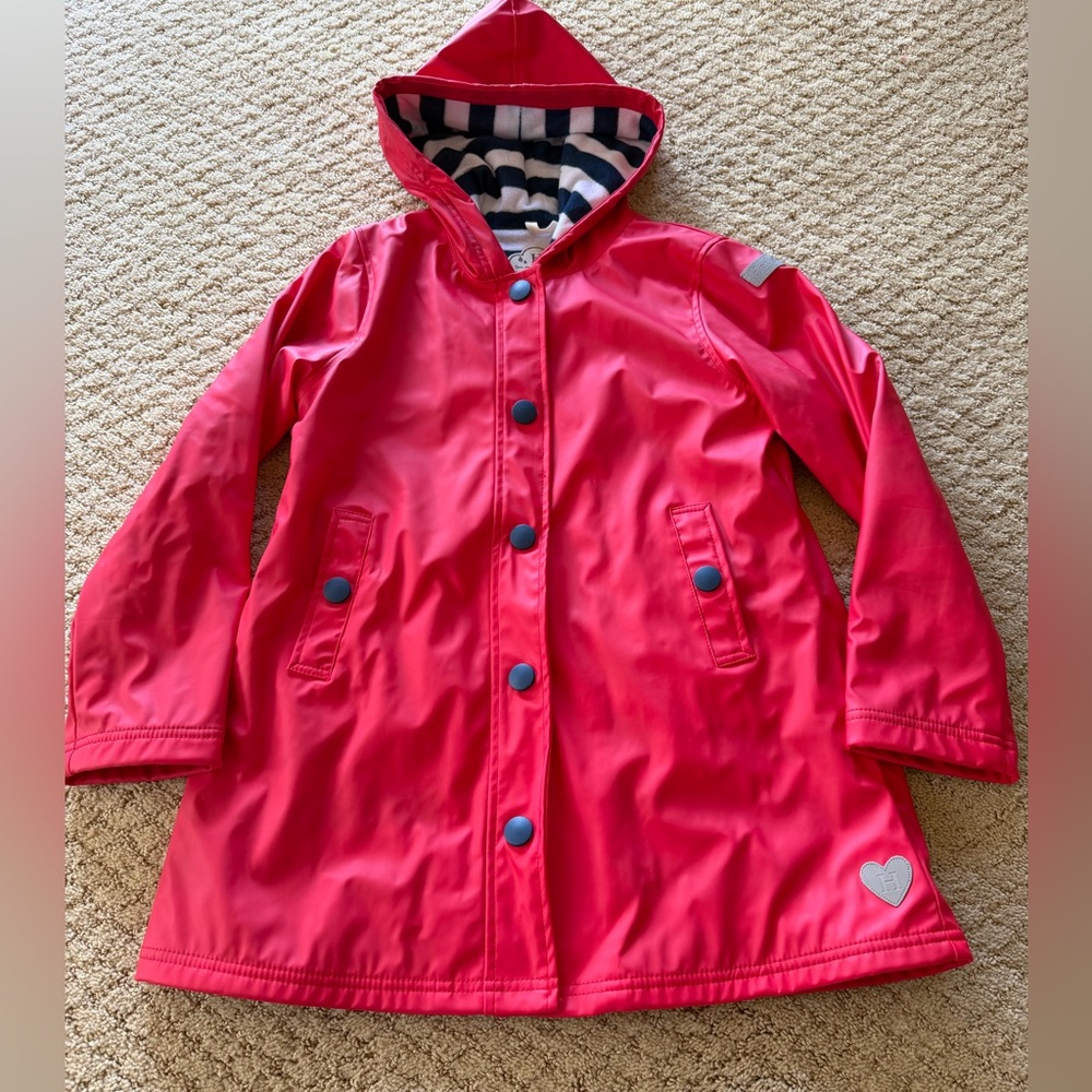 Hatley Bright Pink Hooded Kids Raincoat with Striped Lining